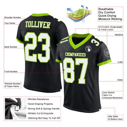Personalized Neon Green Mesh Football Jersey | Black White Team Colors Personalized Black White-Neon Green Mesh Football