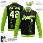 Personalized Music Festival 3D Varsity Letterman Jacket Black White Neon Green Bomber Full-Snap Personalized Black White-Neon