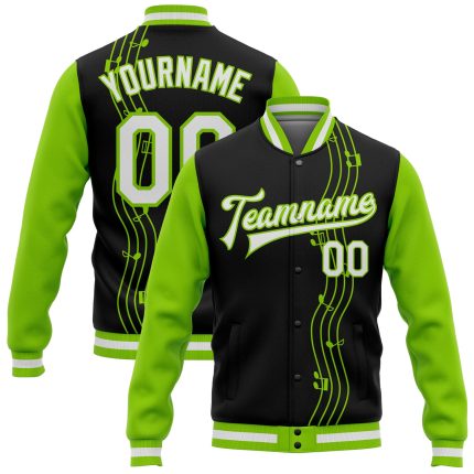 Personalized Music Festival 3D Pattern Bomber Jacket Custom Name Number Black White Neon Green Full-Snap Varsity Letterman