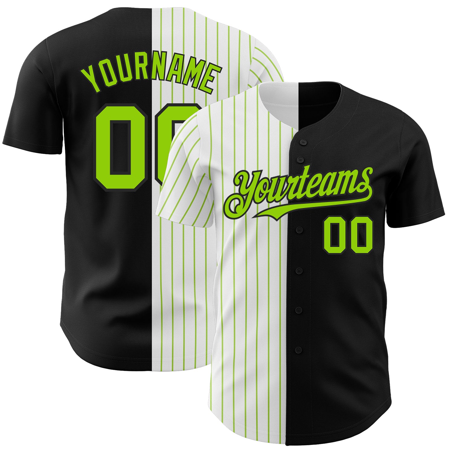 Personalized Black White Neon Green Pinstripe Baseball Jersey - Authentic Split Design Personalized Black White-Neon Green