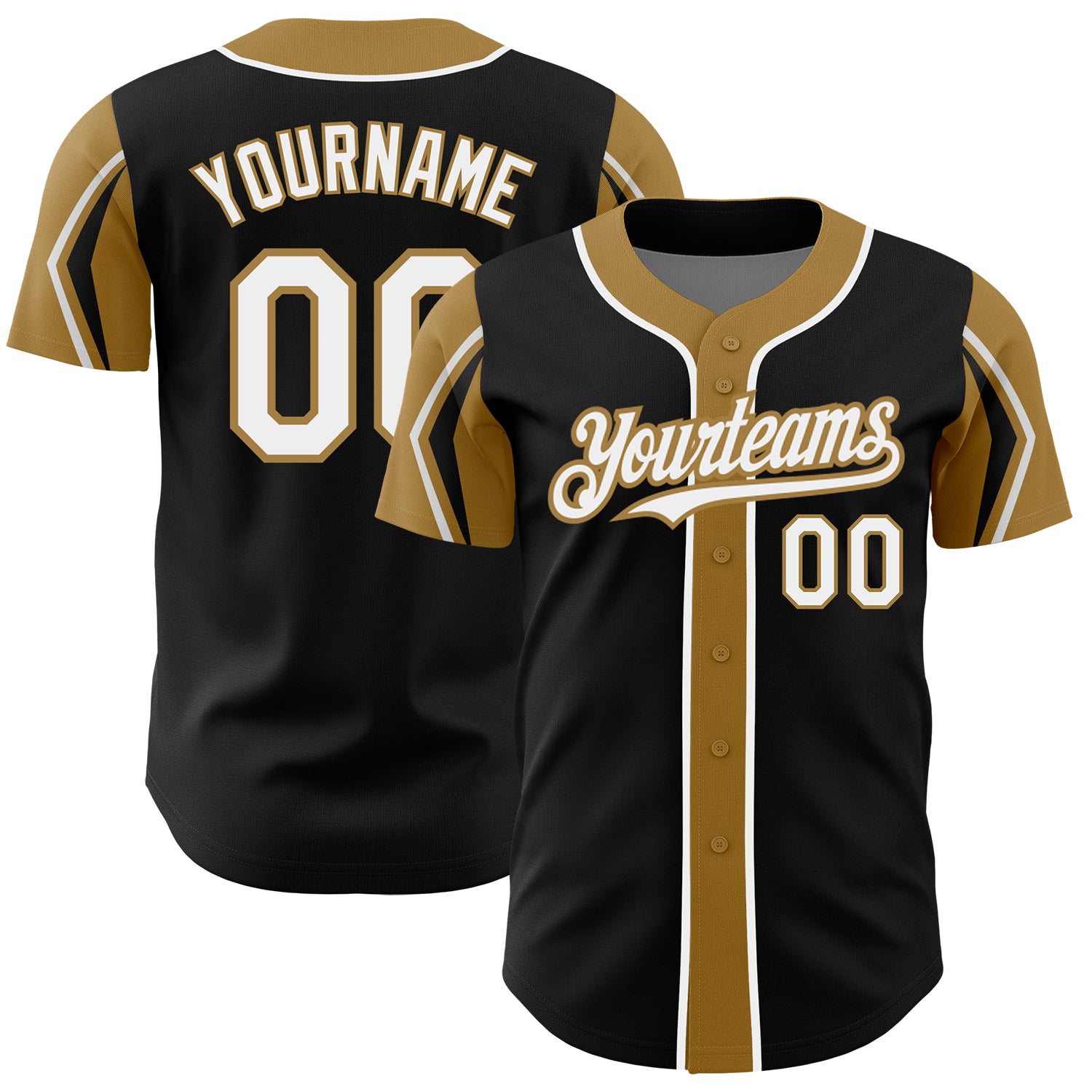 Custom Black White Gold Baseball Jersey with Arm Shapes - Personalized Team Name & Number Personalized Black White-Old Gold