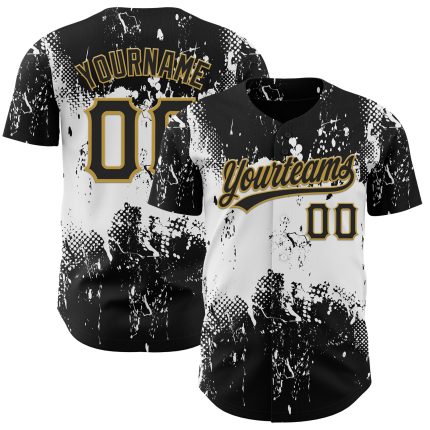 Personalized 3D Abstract Splatter Grunge Art Baseball Jersey in Black White Old Gold Personalized Black White-Old Gold 3D