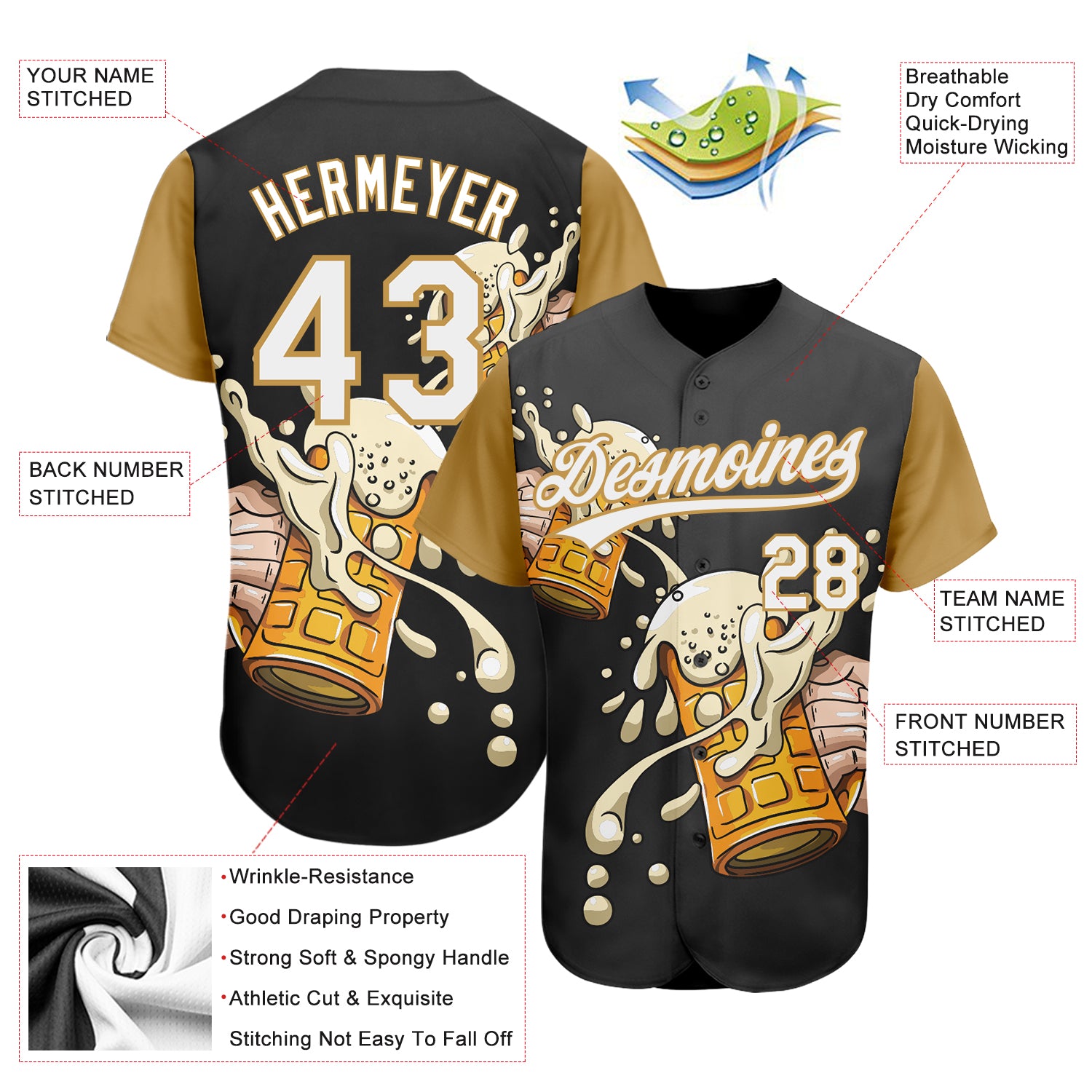 Personalized 3D Baseball Jersey for Beer Festival in Black White and Old Gold Personalized Black White-Old Gold 3D Beer Festival - Image 3