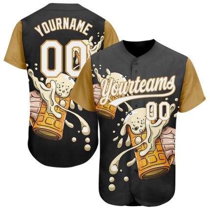Personalized 3D Baseball Jersey for Beer Festival in Black White and Old Gold Personalized Black White-Old Gold 3D Beer Festival