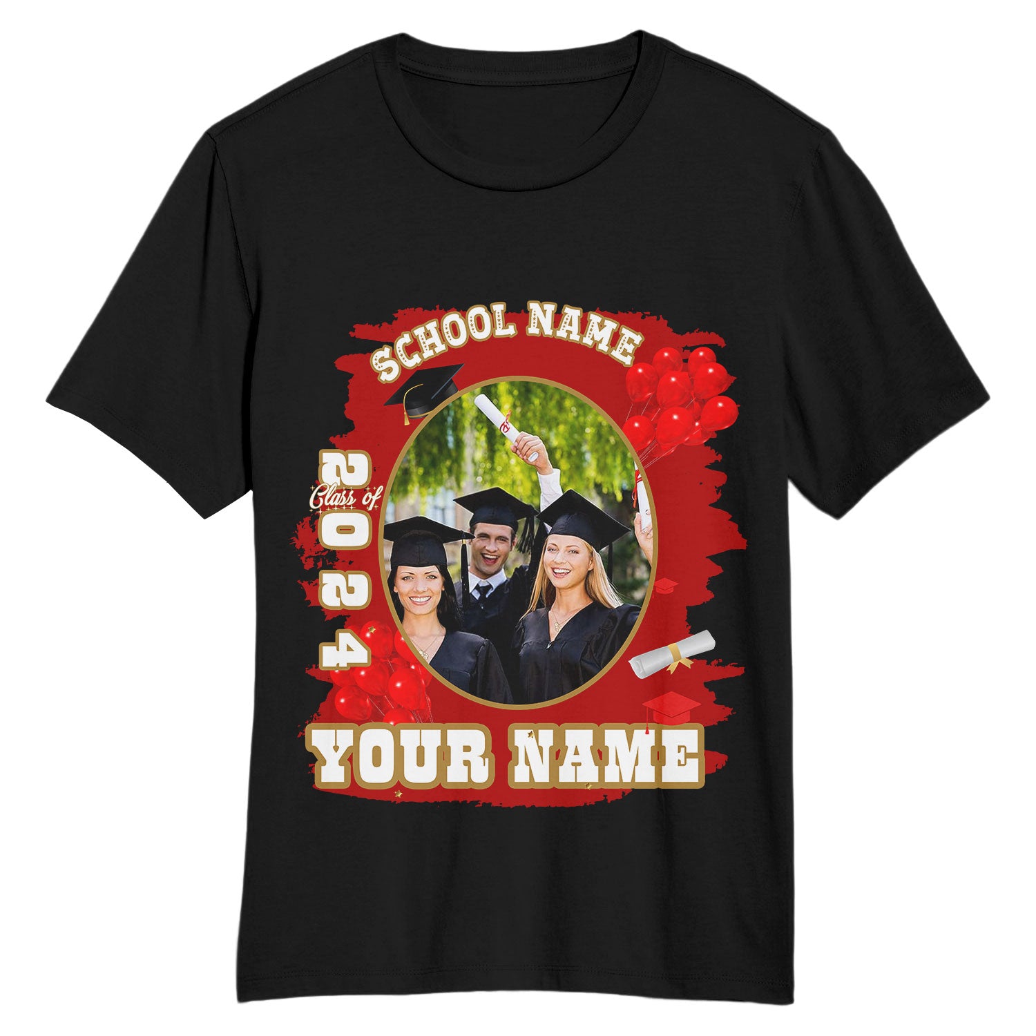 Custom Name and Number 3D Graduation T-Shirt - Personalized Black and White-Old Gold Design Personalized Black White-Old
