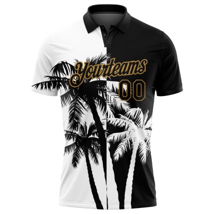 Personalized 3D Hawaii Coconut Trees Golf Polo Shirt - Black White Old Gold Performance Personalized Black White-Old Gold