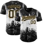 Custom Name Number 3D Pattern Abstract Splatter Grunge Art Baseball Jersey - Personalized Black White Old Gold Design Personalized