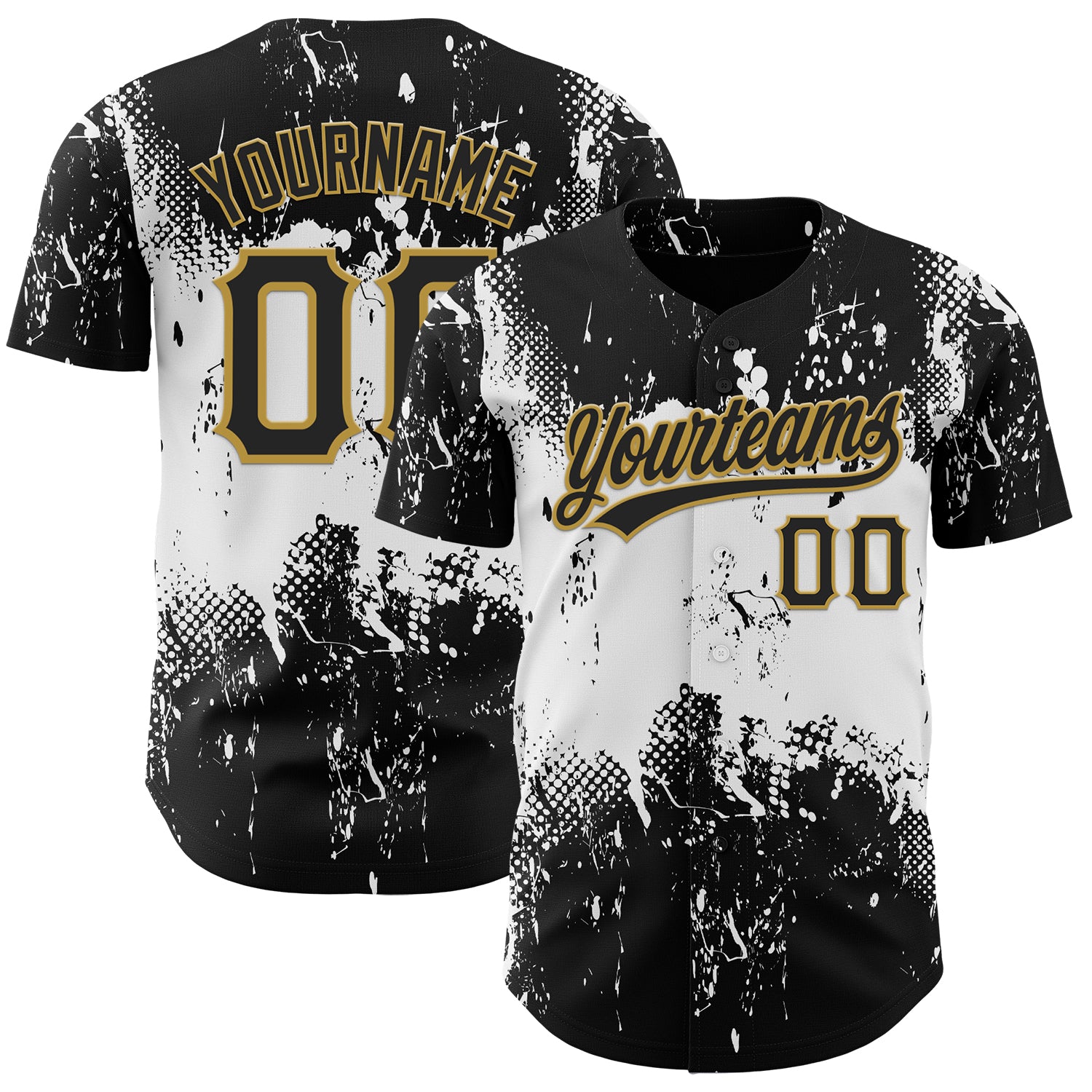 Custom Name Number 3D Pattern Abstract Splatter Grunge Art Baseball Jersey - Personalized Black White Old Gold Design Personalized