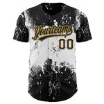 Custom Name Number 3D Pattern Abstract Splatter Grunge Art Baseball Jersey - Personalized Black White Old Gold Design Personalized