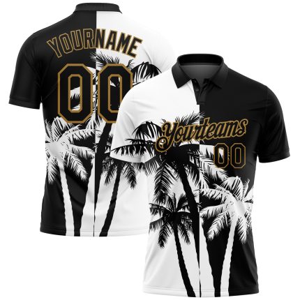 Custom Name Number Golf Polo Shirt with 3D Coconut Trees Pattern - Personalized Black White Old Gold Design for Team Performance