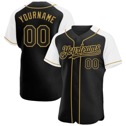Custom Personalized Baseball Jersey with Black White and Gold Raglan Sleeves - Team Name and Number Personalized Black White-Old