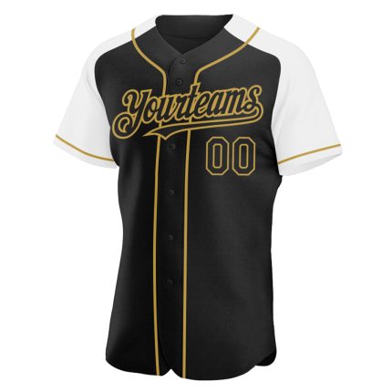 Custom Personalized Baseball Jersey with Black White and Gold Raglan Sleeves - Team Name and Number Personalized Black White-Old
