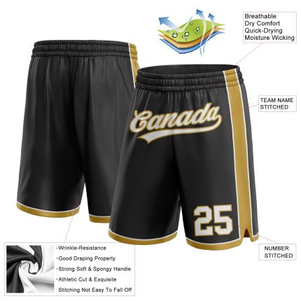 Personalized Basketball Shorts in Black, White and Old Gold Design - Custom Sports Apparel Personalized Black White-Old Gold