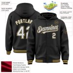 Custom Name Number Varsity Letterman Hoodie Jacket Black White Old Gold Bomber Full-Snap Team Spirit Gear Personalized Black