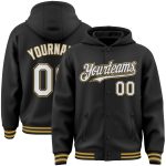 Custom Name Number Varsity Letterman Hoodie Jacket Black White Old Gold Bomber Full-Snap Team Spirit Gear Personalized Black