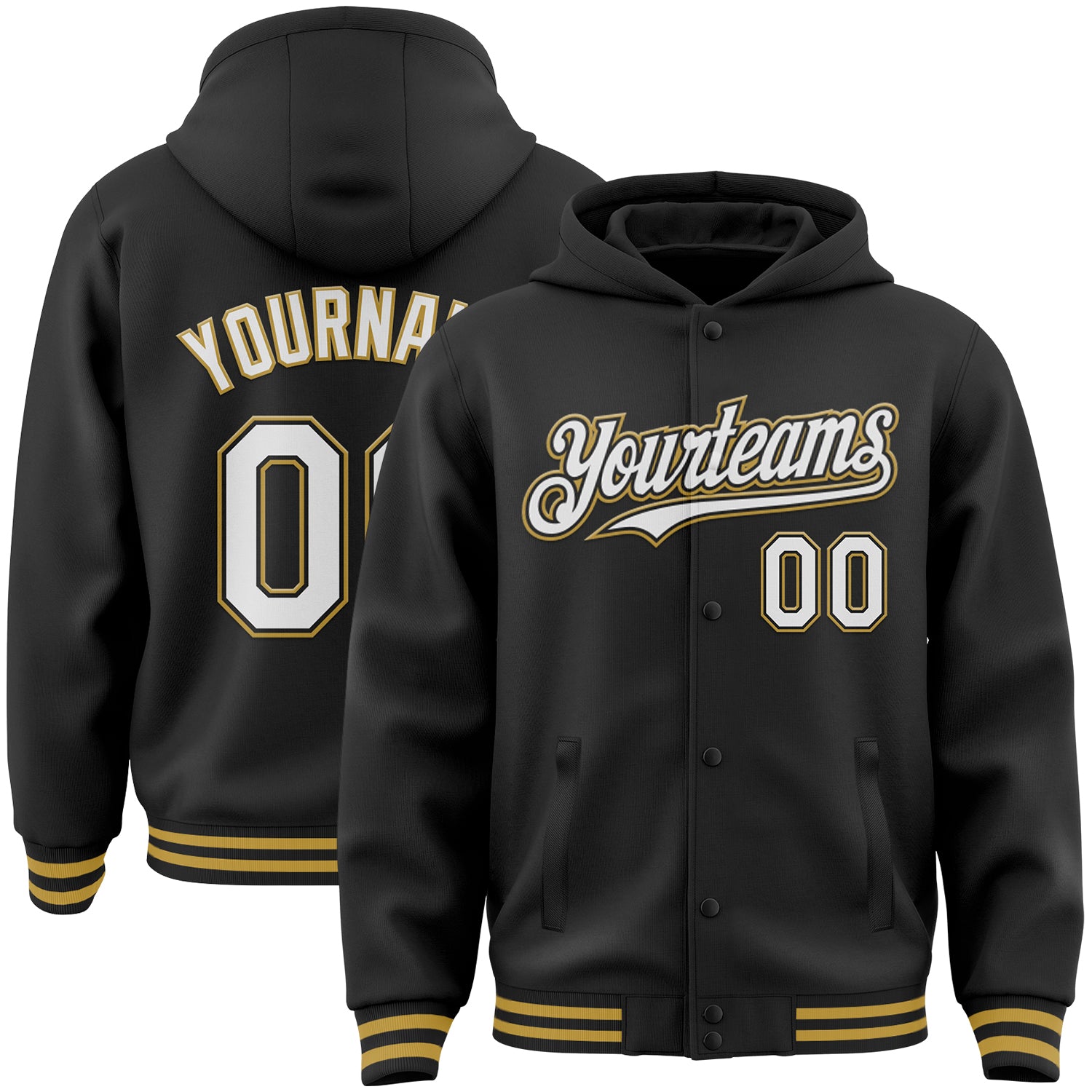 Custom Name Number Varsity Letterman Hoodie Jacket Black White Old Gold Bomber Full-Snap Team Spirit Gear Personalized Black