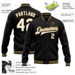 Personalized Old Gold Bomber Varsity Letterman Jacket in Black and White Full-Snap Design Personalized Black White-Old Gold