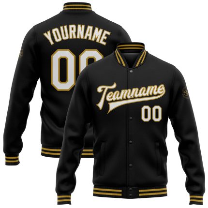Personalized Varsity Letterman Jacket in Black White and Old Gold - Full-Snap Bomber Style Personalized Black White-Old Gold