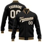 Custom Personalized Varsity Letterman Jacket with Name and Number - Black, White, and Old Gold Bomber Style Personalized
