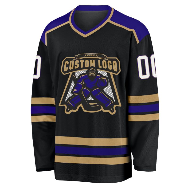 Personalized Hockey Jersey in Black, White, Old Gold, and Dark Purple - Custom Team Apparel Personalized Black White Old
