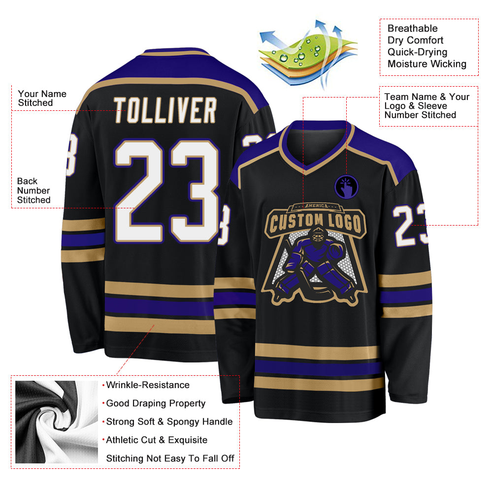 Personalized Hockey Jersey in Black, White, Old Gold, and Dark Purple - Custom Team Apparel Personalized Black White Old - Image 3