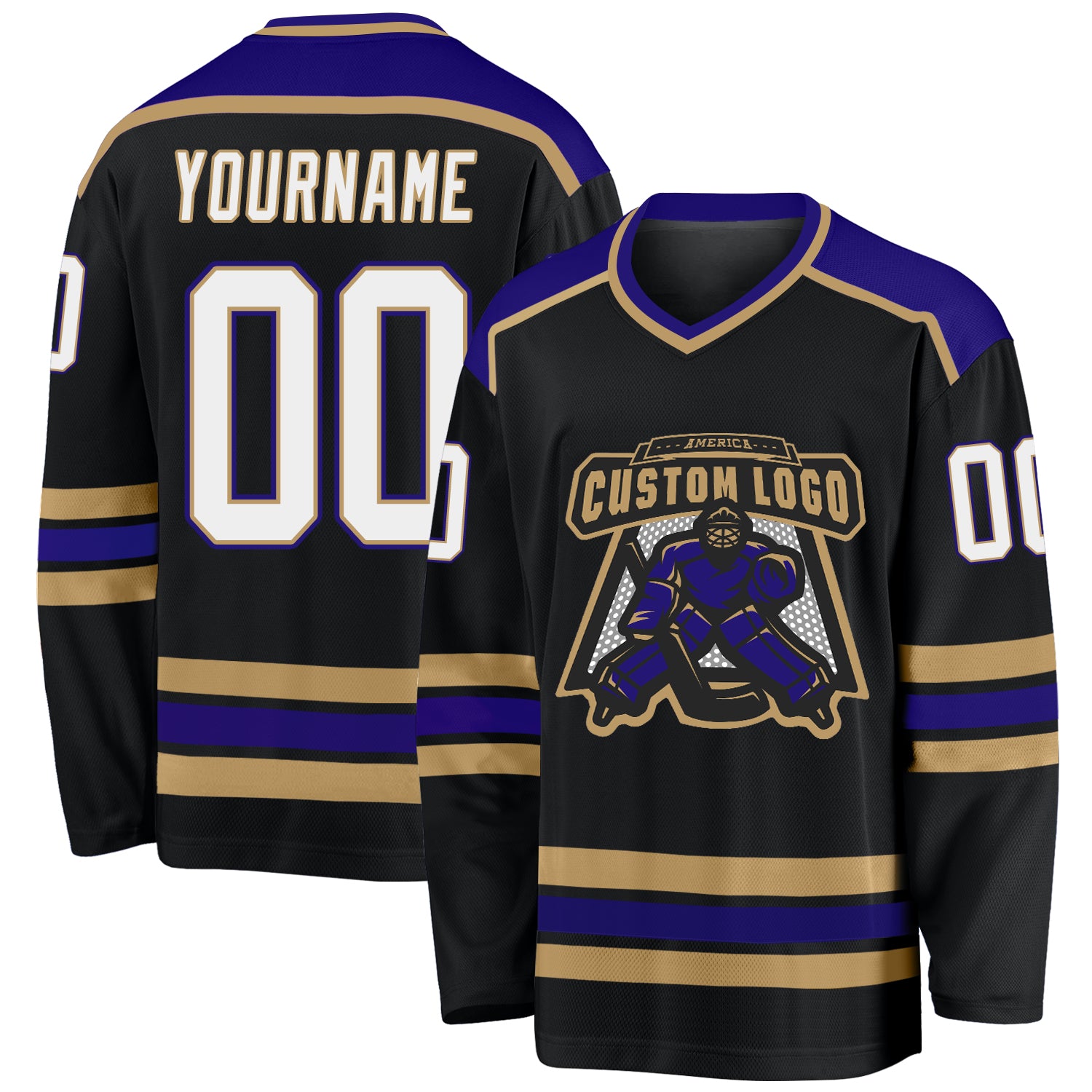 Personalized Hockey Jersey in Black, White, Old Gold, and Dark Purple - Custom Team Apparel Personalized Black White Old