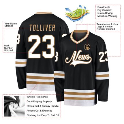 Personalized Black and White Old Gold Hockey Jersey for Custom Team Sports Personalized Black White-Old Gold Hockey Jersey