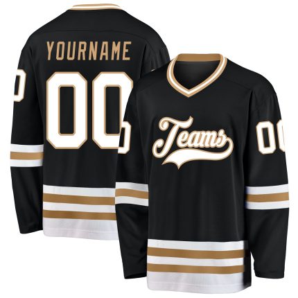 Custom black, white and old gold hockey jersey