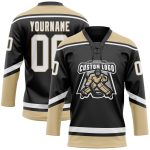 Personalized Black and White Old Gold Hockey Jersey with Lace Neck 2 Personalized Black White-Old Gold Hockey Lace Neck Jersey