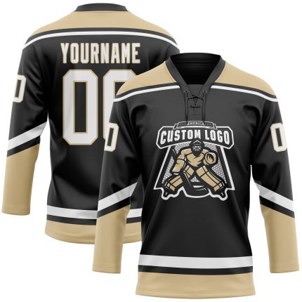 Personalized Black and White Old Gold Hockey Jersey with Lace Neck 2 Personalized Black White-Old Gold Hockey Lace Neck Jersey