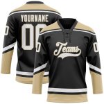 Personalized Black and White Old Gold Hockey Jersey with Lace Neck 2 Personalized Black White-Old Gold Hockey Lace Neck Jersey