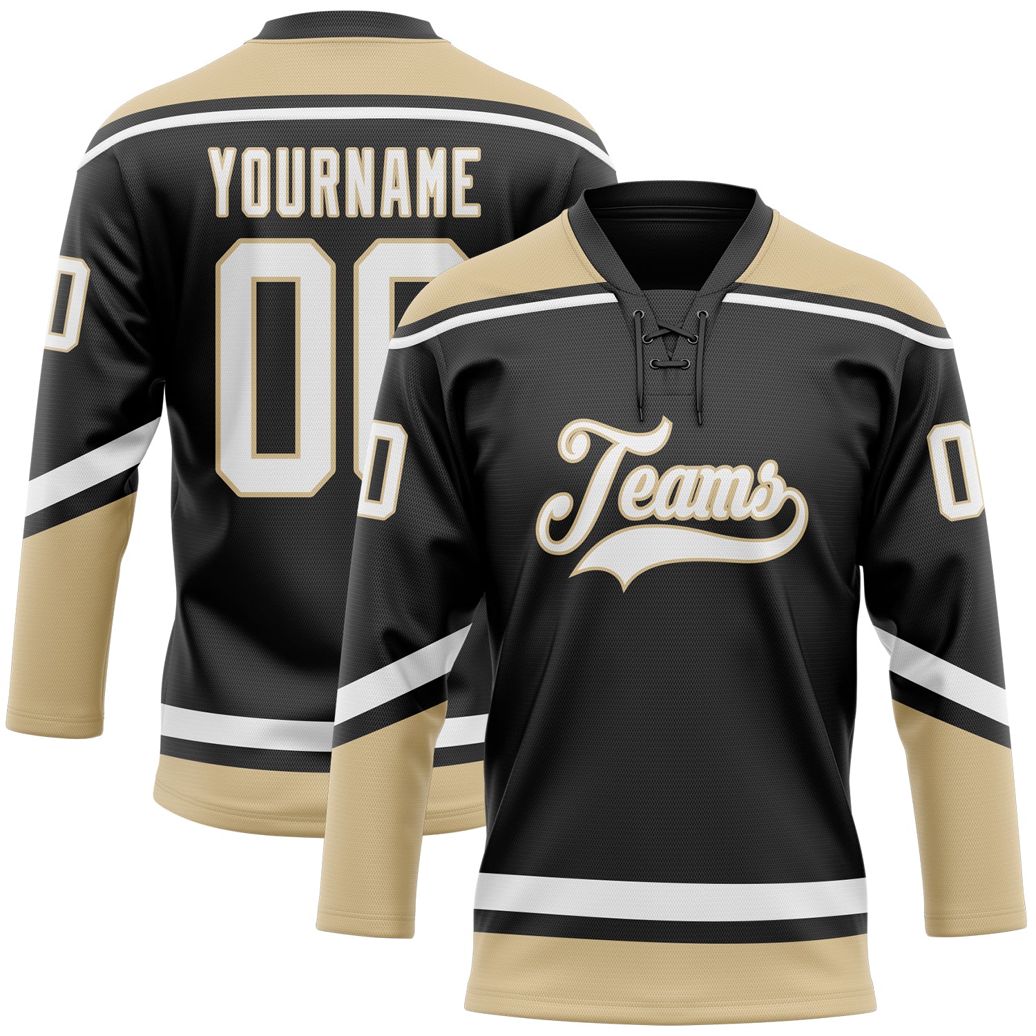 Personalized Black and White Old Gold Hockey Jersey with Lace Neck 2 Personalized Black White-Old Gold Hockey Lace Neck Jersey