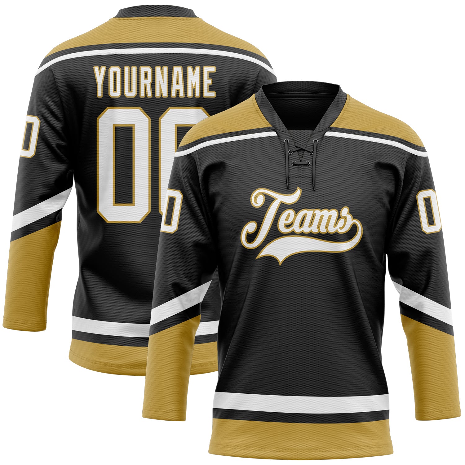 Custom Name and Number Black and Old Gold Hockey Lace Neck Jersey - Personalized Team Apparel Personalized Black White-Old