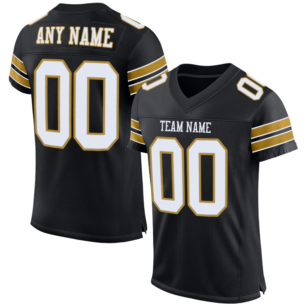 Personalized Custom Name and Number Football Jersey - Black White Old Gold Mesh Authentic Team Gear Personalized Black White-Old