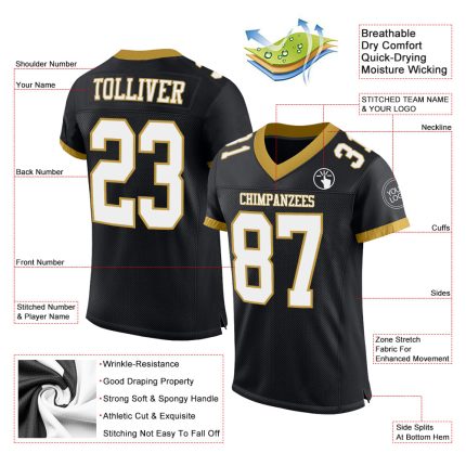 Personalized Black White Gold Mesh Football Jersey for Men and Women Personalized Black White-Old Gold Mesh Football Jersey