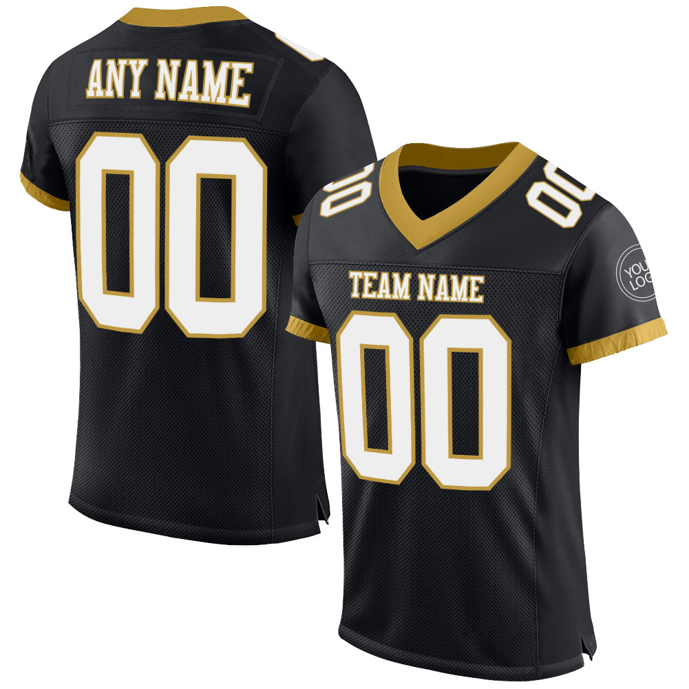 Personalized Black White Gold Mesh Football Jersey for Men and Women Personalized Black White-Old Gold Mesh Football Jersey