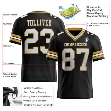 Custom Black and White Old Gold Mesh Football Jersey for Youth and Adults Personalized Black White-Old Gold Mesh Football