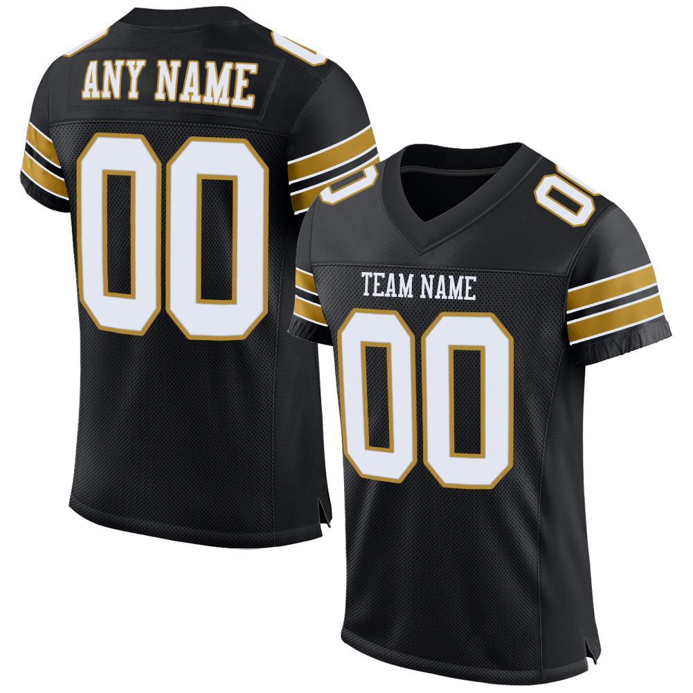 Personalized Mesh Football Jersey in Black, White, and Old Gold Colors Personalized Black White-Old Gold Mesh Football Jersey