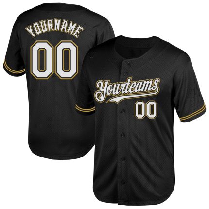 Personalized Throwback Baseball Jersey in Black, White, and Old Gold Mesh Personalized Black White-Old Gold Mesh Throwback