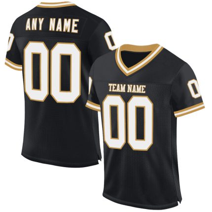 Personalized Black White Football Jersey - Retro Old Gold Mesh Design Personalized Black White-Old Gold Mesh Throwback Football