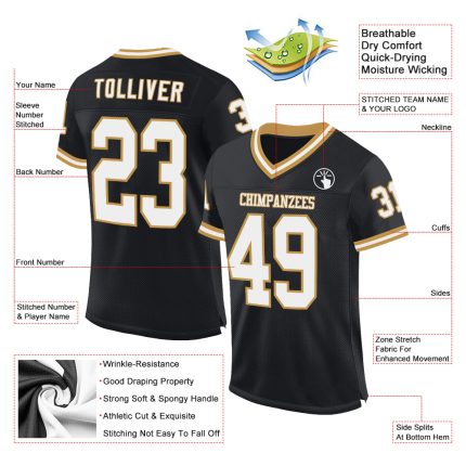 Personalized Black White Football Jersey - Retro Old Gold Mesh Design Personalized Black White-Old Gold Mesh Throwback Football