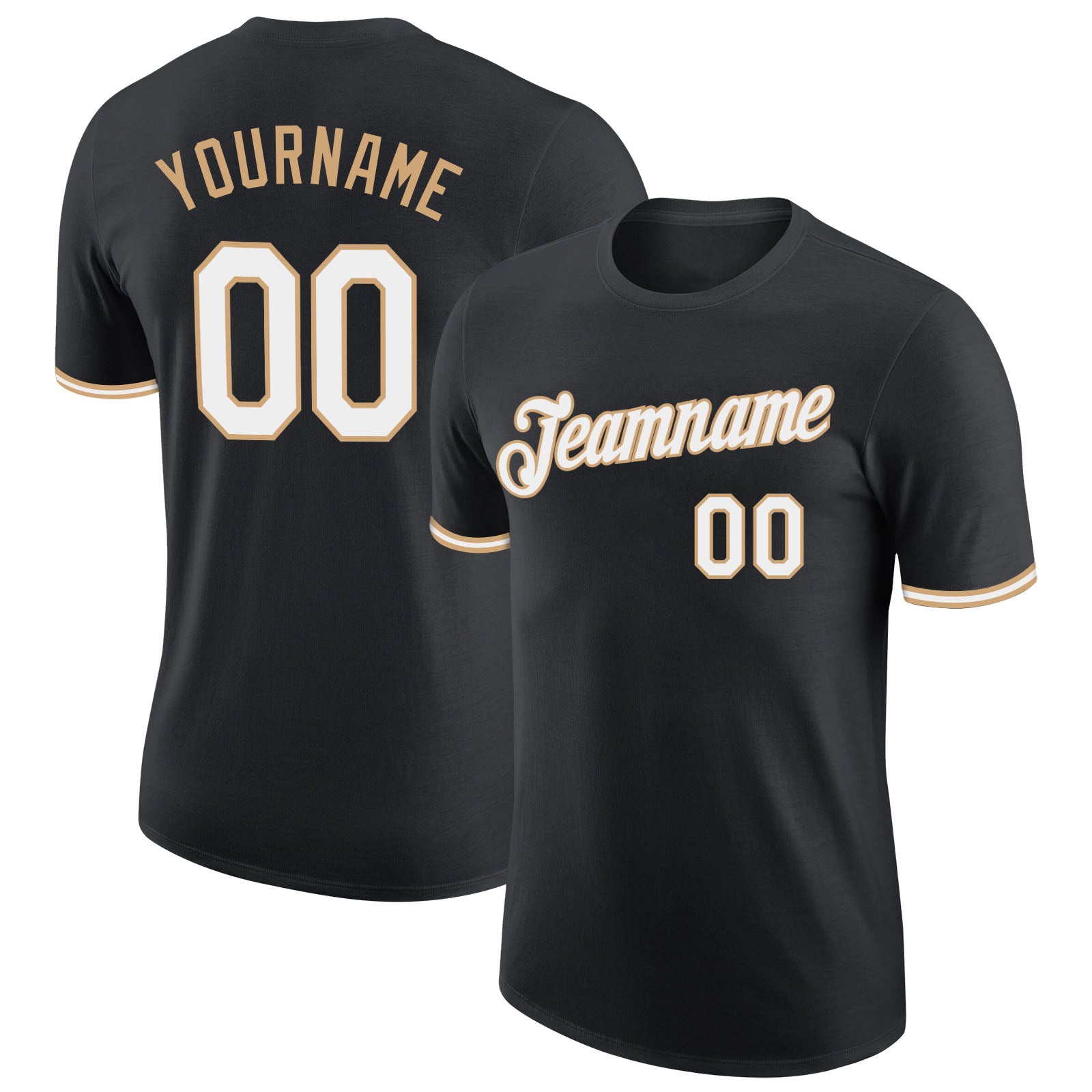 Custom Team Performance T-Shirt with Name and Number in Black White and Old Gold Personalized Black White-Old Gold Performance