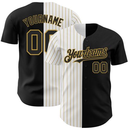Personalized Black White Old Gold Pinstripe Baseball Jersey - Fashion Split Design Personalized Black White-Old Gold Pinstripe
