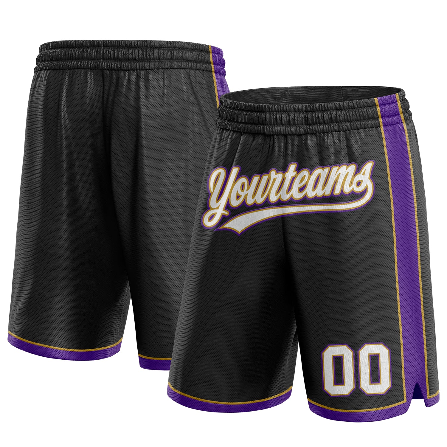 Custom Name Number Basketball Shorts - Personalized Black White Old Gold Purple Design Personalized Black White Old Gold-Purple