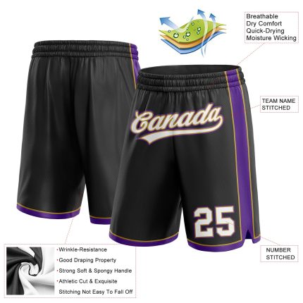 Custom Name Number Basketball Shorts - Personalized Black White Old Gold Purple Design Personalized Black White Old Gold-Purple