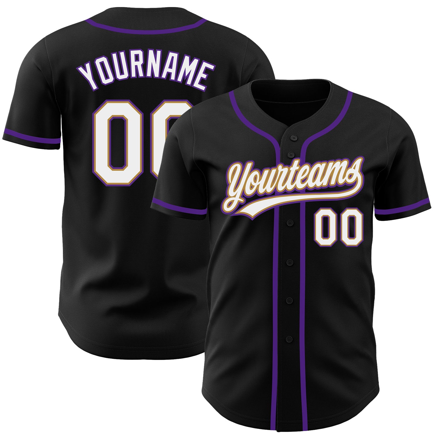 Personalized Black Purple Gold Baseball Jersey for Men and Women Personalized Black White Old Gold-Purple Baseball Jersey