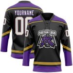 Personalized Hockey Jersey Black White Old Gold Purple Lace Neck Design Personalized Black White Old Gold-Purple Hockey Lace