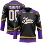 Personalized Hockey Jersey Black White Old Gold Purple Lace Neck Design Personalized Black White Old Gold-Purple Hockey Lace