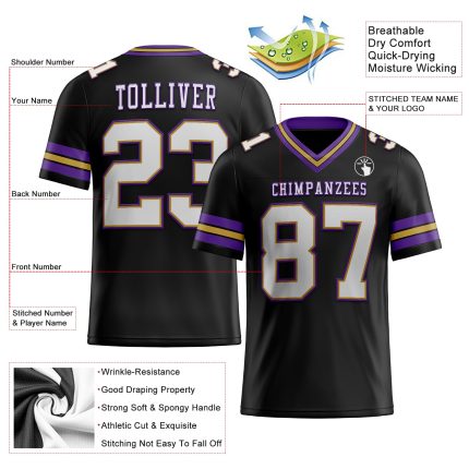 Personalized Black White Gold Purple Mesh Authentic Football Jersey Personalized Black White Old Gold-Purple Mesh Authentic