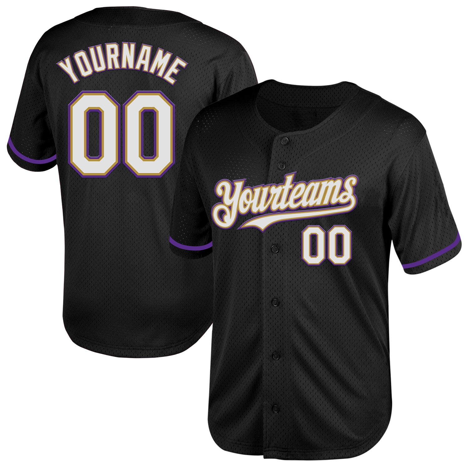 Custom Personalized Baseball Jersey - Black White Gold Purple Throwback, Team Name & Number, Authentic Mesh Personalized